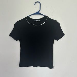 Zara Trf Top Black Pearl Collar Ribbed